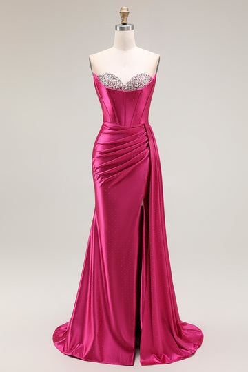 Strapless Satin Corset Fuchsia Prom Dress with Slit